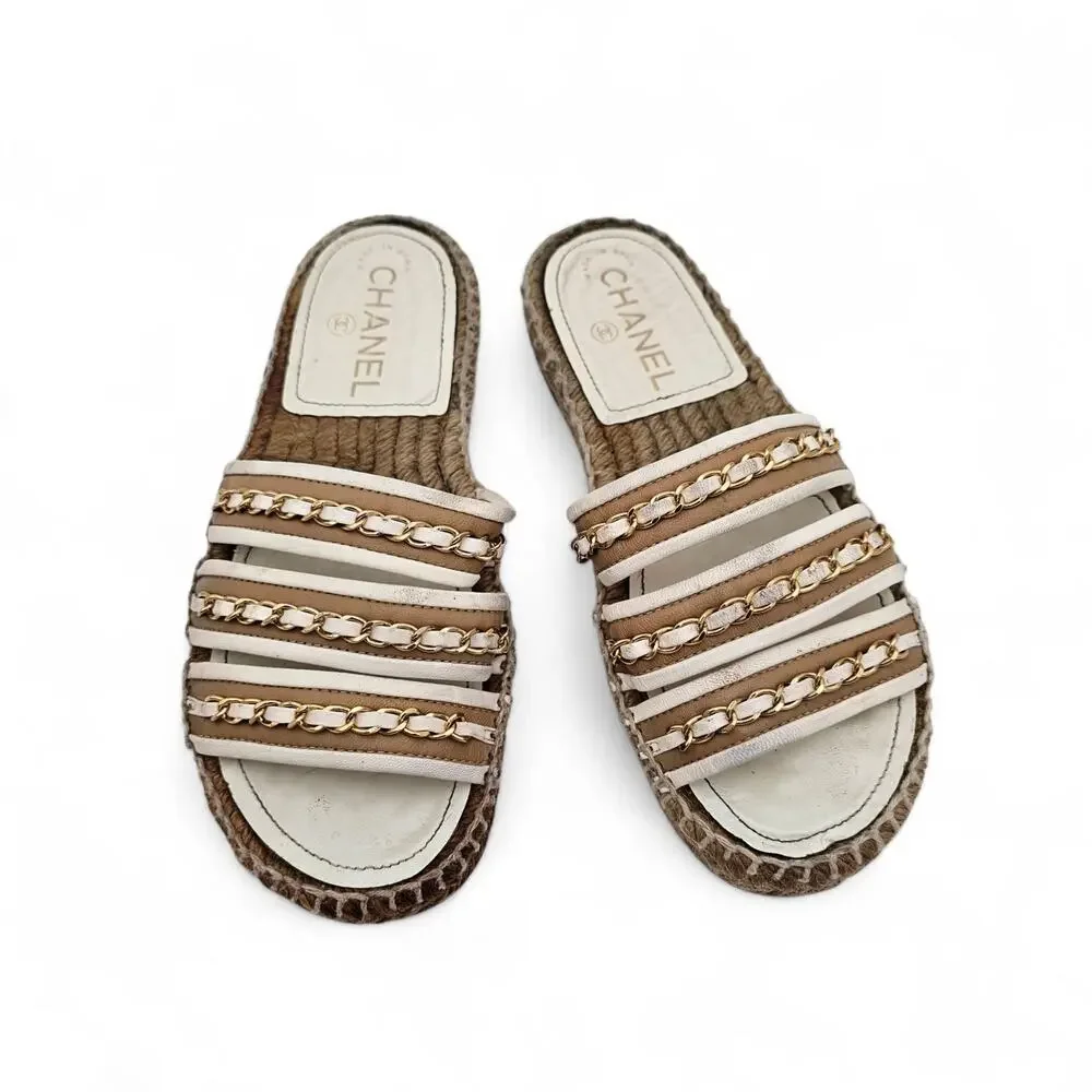Chanel Chain Espadrille Flat Slide Sandal Beige White Leather Size 36 C US 5 5.5